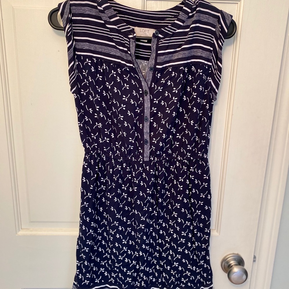 Loft blue patterned button up dress NWOT